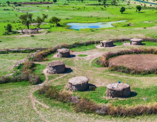 Aerial view of traditional Maasai boma village with circular houses