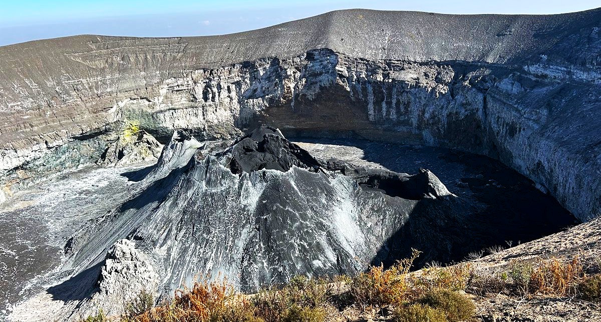 Interior view of Oldonyo Lengai volcanic crater showing active volcanic formations